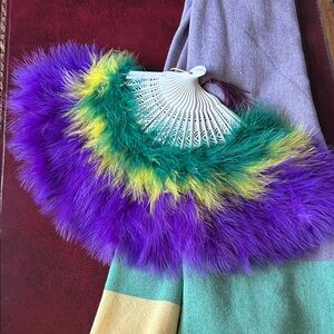 SororityG Rugby Stripe Scarf Towel Purple Green Gold + 1920s Feather Fan Set (2)